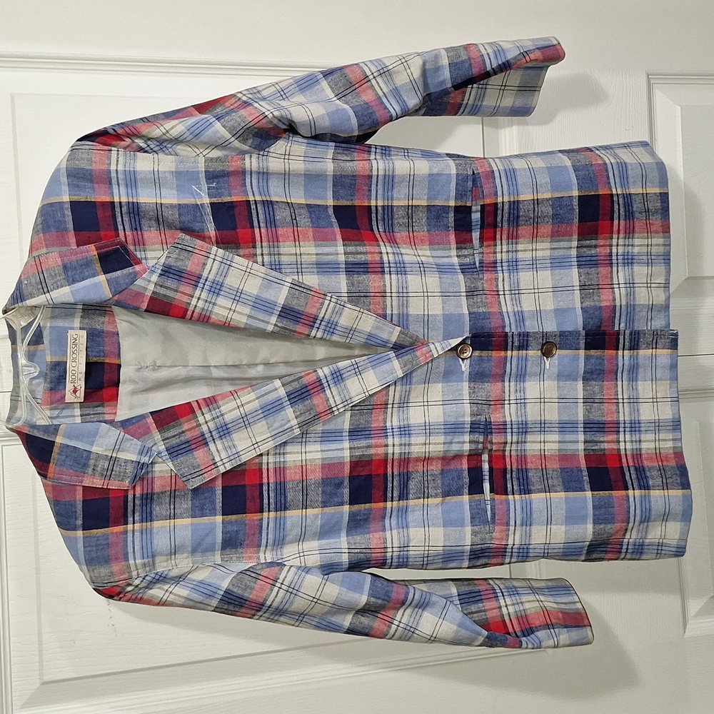 Vintage Roo Crossing Petites plaid lined cotton blazer - 4P - blue red plaid